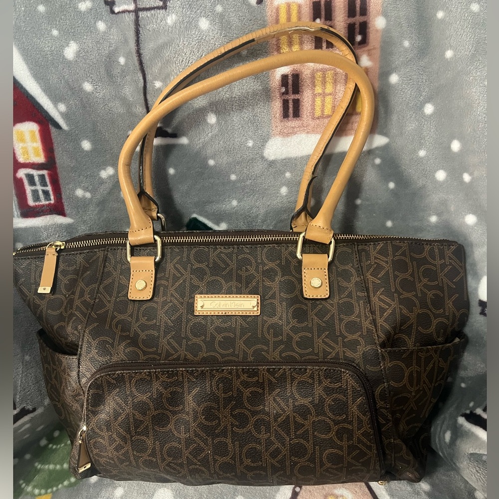 Calvin Klein Brown Monogram Tote with Tan Handles and Gold Hardware